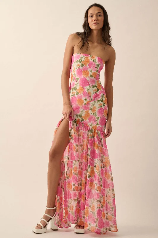 Bright Buds Strapless Floral Drop-Waist Maxi Dress Comfortable Maxi Dress with Sleeves Bright Buds Strapless Floral Drop-Waist Maxi Dress Comfortable Maxi Dress with Sleeves