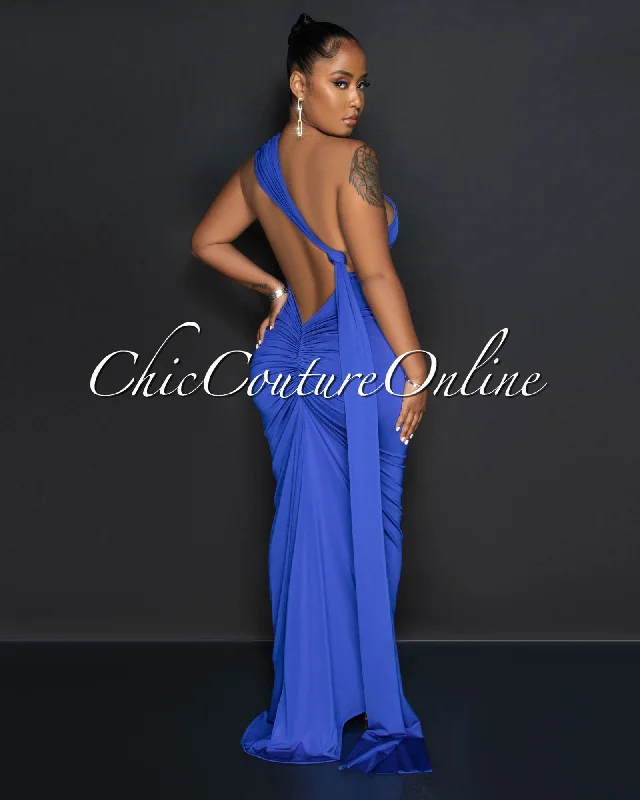 Carlina Royal Blue Open Back "O" Ring Trail Maxi Dress Stylish Pleated A-Line Maxi Dress Carlina Royal Blue Open Back "O" Ring Trail Maxi Dress Stylish Pleated A-Line Maxi Dress