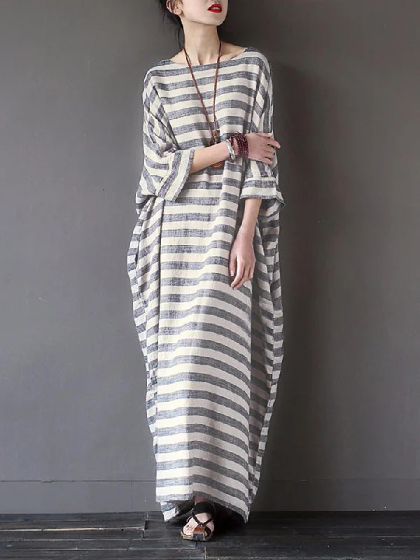 Casual 3/4 Sleeve Striped O-neck Baggy Cotton Women Maxi Dress Trendy Ruffled Maxi Dress Casual 3/4 Sleeve Striped O-neck Baggy Cotton Women Maxi Dress Trendy Ruffled Maxi Dress