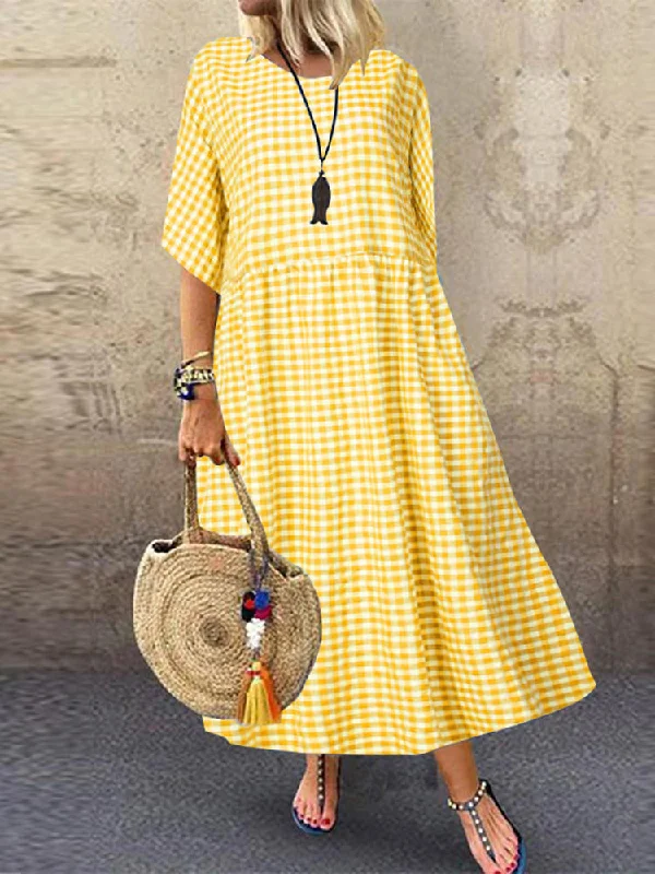 Casual Loose Plaid Print O-neck Half Sleeve Women Maxi Dress Trendy Button Front Maxi Dress Casual Loose Plaid Print O-neck Half Sleeve Women Maxi Dress Trendy Button Front Maxi Dress