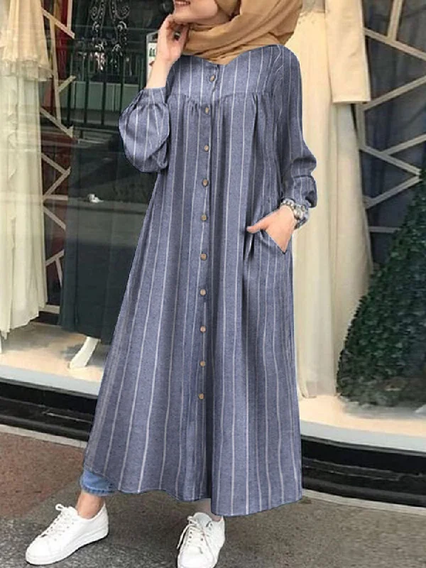 Casual Stripe Print Button Long Sleeve Pocket Shirt Women Maxi Dress Stylish Maxi Dress with Pleats Casual Stripe Print Button Long Sleeve Pocket Shirt Women Maxi Dress Stylish Maxi Dress with Pleats
