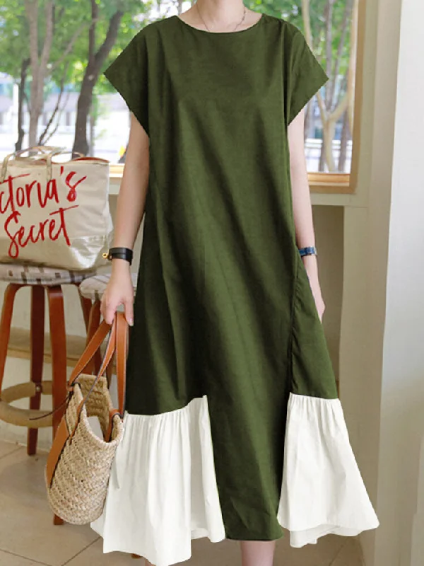 Contrast Color Spliced O-neck Short Sleeve Back Zipper Plain Casual Women Maxi Dress Chic Summer Maxi Dress Contrast Color Spliced O-neck Short Sleeve Back Zipper Plain Casual Women Maxi Dress Chic Summer Maxi Dress