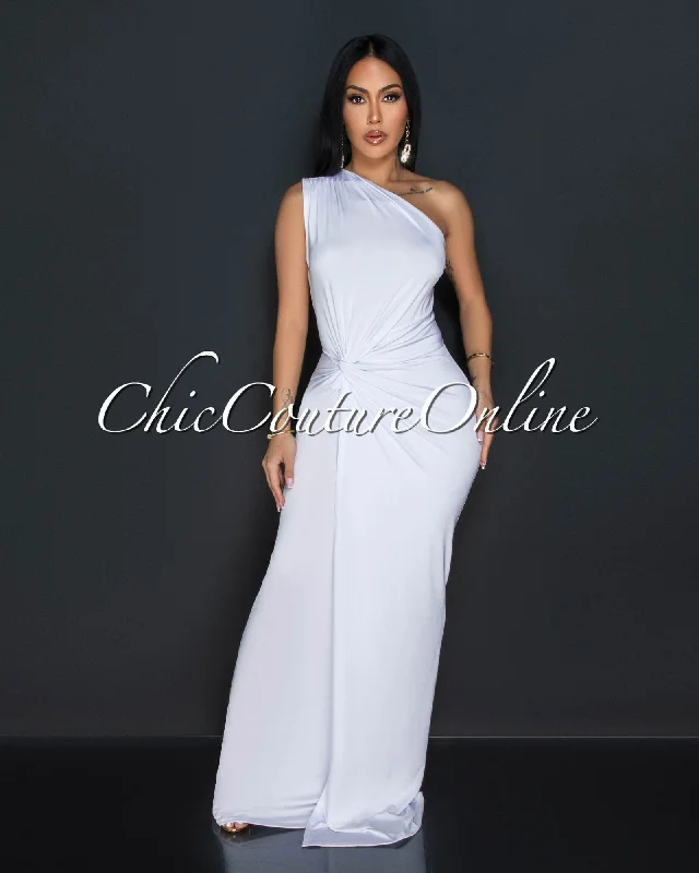 Zima White Single Shoulder Twist Maxi Dress Elegant Velvet Maxi Dress