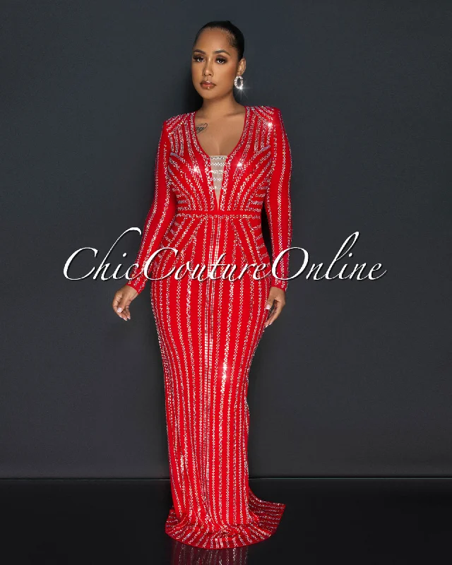 Demetria Red Silver Rhinestones Maxi Dress Fashionable Off-Shoulder Maxi Dress