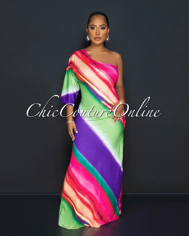 Disa Multi-Color Print Single Shoulder Maxi Dress Comfortable Maxi Dress with Sleeves Disa Multi-Color Print Single Shoulder Maxi Dress Comfortable Maxi Dress with Sleeves