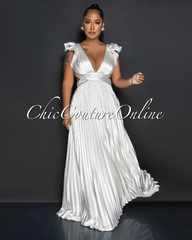 Elaine Champagne Ruffle Lace-Up Back Pleated Silky Maxi Dress Comfortable Ruffle Hem Maxi Dress Elaine Champagne Ruffle Lace-Up Back Pleated Silky Maxi Dress Comfortable Ruffle Hem Maxi Dress