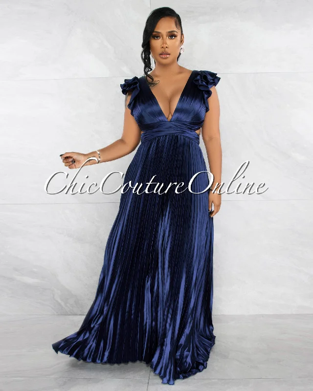 Elaine Navy Blue Ruffle Lace-Up Back Pleated Silky Maxi Dress Stylish Pleated A-Line Maxi Dress Elaine Navy Blue Ruffle Lace-Up Back Pleated Silky Maxi Dress Stylish Pleated A-Line Maxi Dress