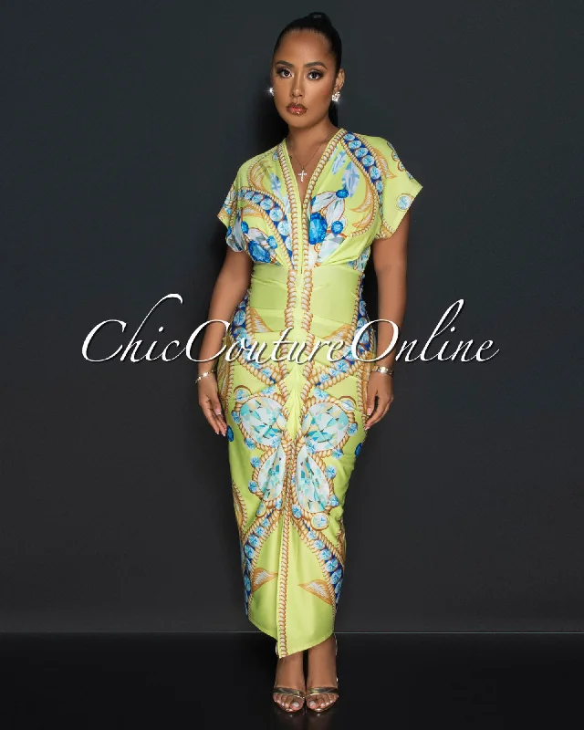 Elina Lime Green Print Deep V Neck Draped Maxi Dress Comfortable Maxi Dress with Slits Elina Lime Green Print Deep V Neck Draped Maxi Dress Comfortable Maxi Dress with Slits