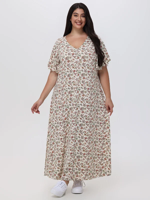 Plus Floral Flutter Sleeve Maxi Dress Chic Off-Shoulder Maxi Dress