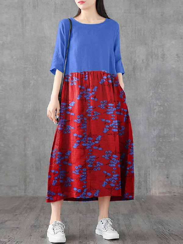 Japan Flower Style Print Patchwork Loose Casual Pocket Women Maxi Dress Cozy Open-Back Maxi Dress Japan Flower Style Print Patchwork Loose Casual Pocket Women Maxi Dress Cozy Open-Back Maxi Dress