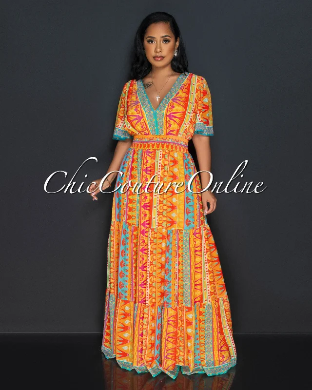 Glendie Orange Print Smoked Waistband Ruddle Hem Maxi Dress Stylish Button-Up Maxi Dress Glendie Orange Print Smoked Waistband Ruddle Hem Maxi Dress Stylish Button-Up Maxi Dress