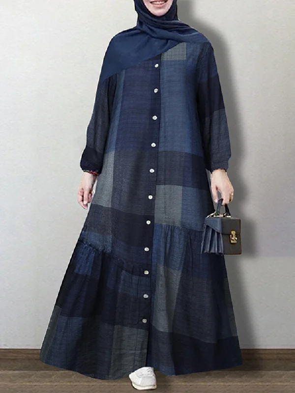 Grid Printed Button Down Front Elastic Cuff Bohemian O-neck Maxi Shirt Women Maxi Dress Classic Solid Maxi Dress Grid Printed Button Down Front Elastic Cuff Bohemian O-neck Maxi Shirt Women Maxi Dress Classic Solid Maxi Dress