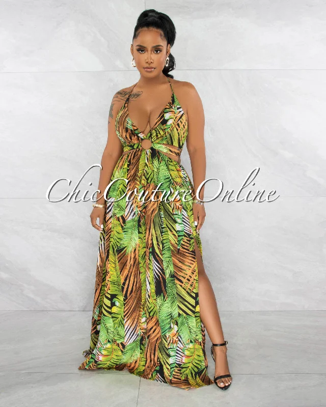 Idola Black Green Palm Print Cut-Out Sides Maxi Dress Fashionable Layered Maxi Dress Idola Black Green Palm Print Cut-Out Sides Maxi Dress Fashionable Layered Maxi Dress