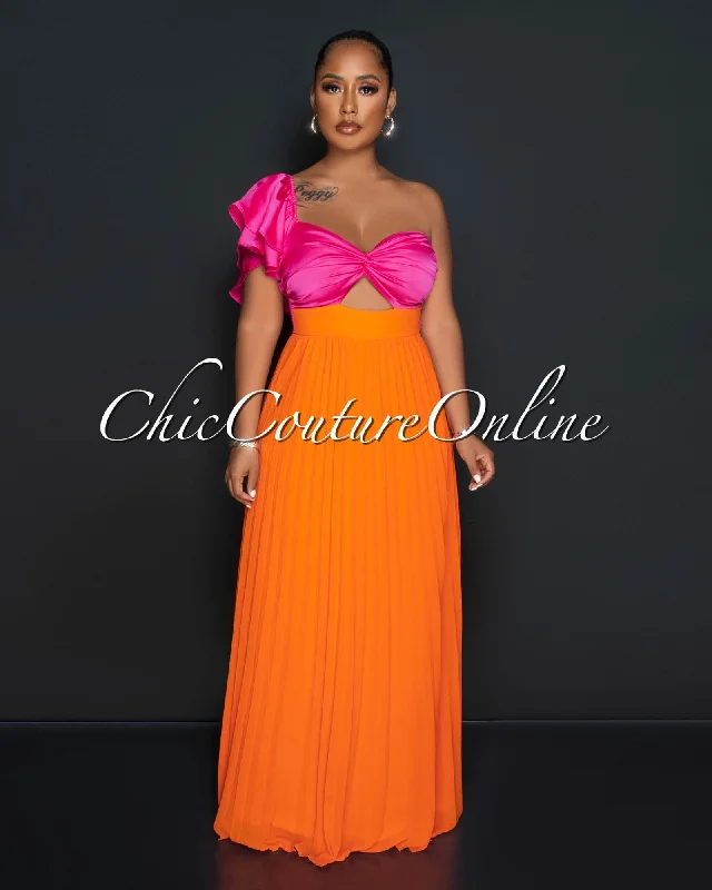 Judith Fuchsia Orange Two-Tone Key-Hole Pleated Maxi Dress Cozy Spaghetti Strap Maxi Dress Judith Fuchsia Orange Two-Tone Key-Hole Pleated Maxi Dress Cozy Spaghetti Strap Maxi Dress