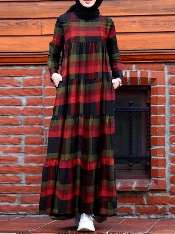 Kaftan Tunic Plaid Print Back Zipper Long Sleeve Maxi Layered Women Maxi Dress Comfortable Bohemian Maxi Dress Kaftan Tunic Plaid Print Back Zipper Long Sleeve Maxi Layered Women Maxi Dress Comfortable Bohemian Maxi Dress