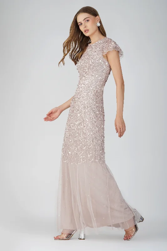 Larissa Short Sleeve Embellished Maxi Dress in Mink Fashionable Maxi Dress with Fringe Larissa Short Sleeve Embellished Maxi Dress in Mink Fashionable Maxi Dress with Fringe