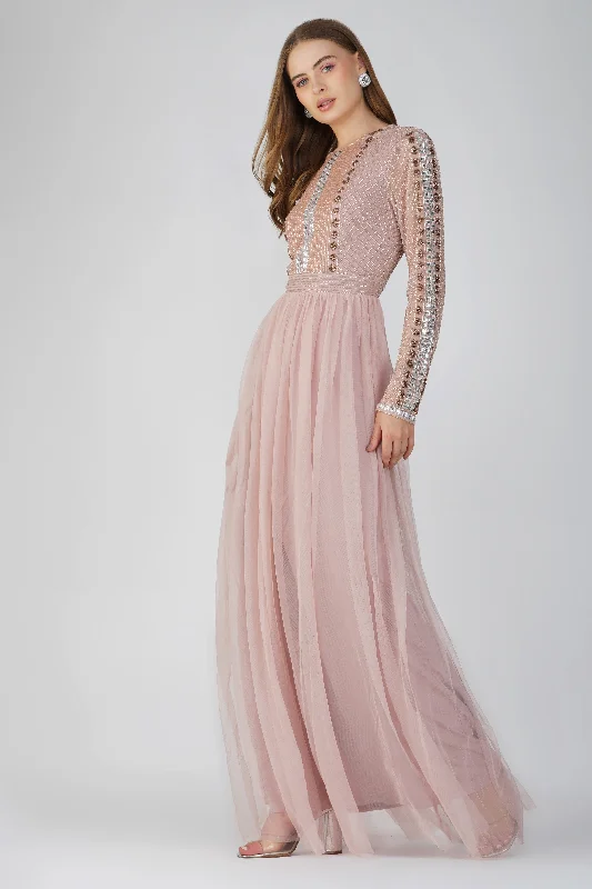 Melinda Long Sleeve Embellished Maxi Dress in Blush Pink Fashionable Off-Shoulder Maxi Dress Melinda Long Sleeve Embellished Maxi Dress in Blush Pink Fashionable Off-Shoulder Maxi Dress