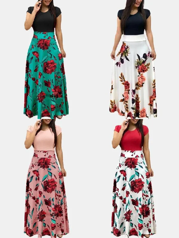 Print Patchwork O-neck Short Sleeve Women Maxi Dress Comfortable Maxi Dress with Slits Print Patchwork O-neck Short Sleeve Women Maxi Dress Comfortable Maxi Dress with Slits