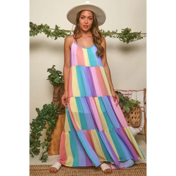 Rainbow Colorful Multi Color Bright Striped Tiered Tie Shoulder Maxi Dress Cozy Knitted Maxi Dress Rainbow Colorful Multi Color Bright Striped Tiered Tie Shoulder Maxi Dress Cozy Knitted Maxi Dress