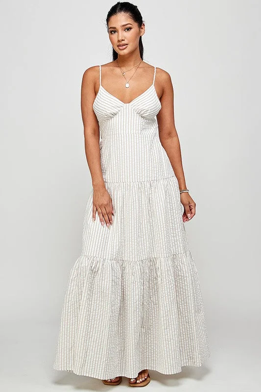 White & Beige Stripe Cross Backless Strap Ruffle Maxi Dress Cozy Ruffle Sleeve Maxi Dress White & Beige Stripe Cross Backless Strap Ruffle Maxi Dress Cozy Ruffle Sleeve Maxi Dress