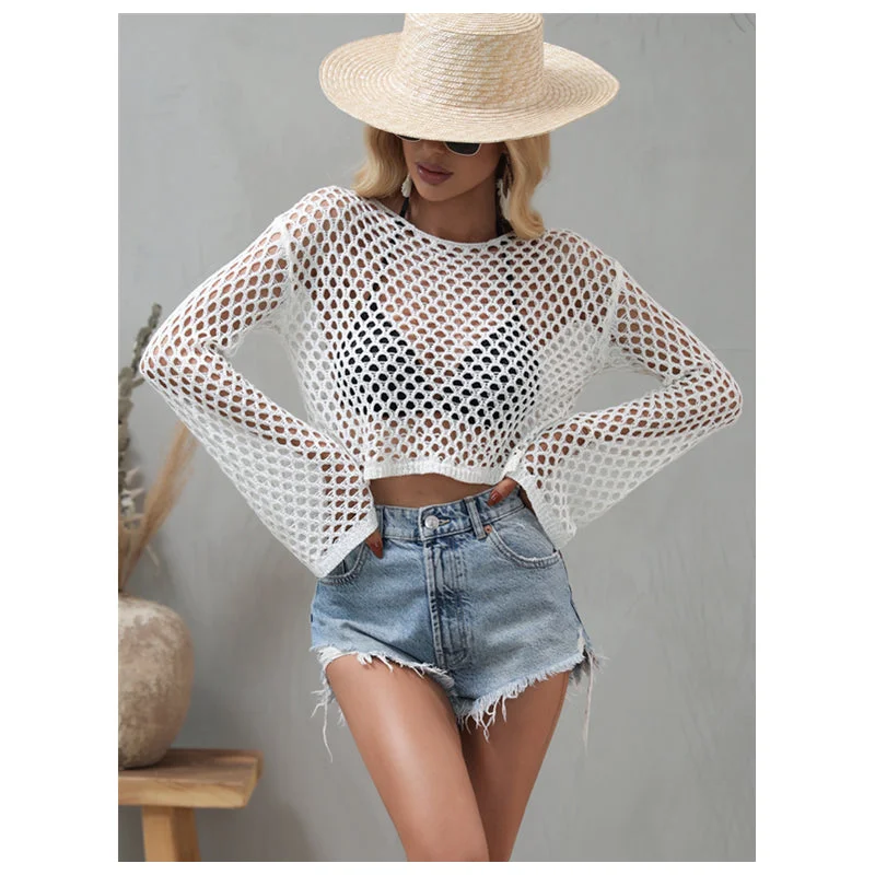 2023 Summer Holiday Beach Swim Cover Up Round Neck Hollow Out Beach Crochet Bathing Suits For Women Knit Swimsuit Coverup Mesh Detail Bikini 2023 Summer Holiday Beach Swim Cover Up Round Neck Hollow Out Beach Crochet Bathing Suits For Women Knit Swimsuit Coverup Mesh Detail Bikini