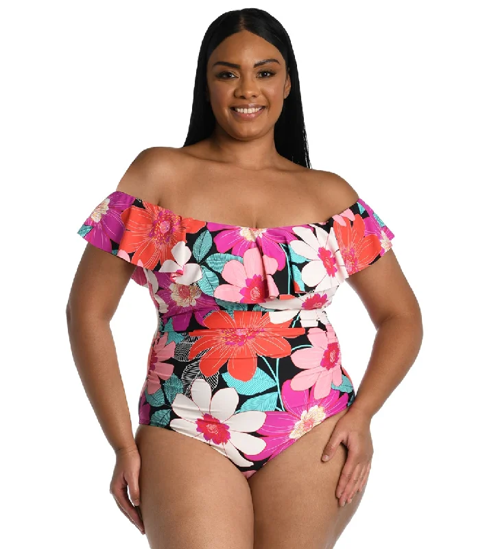 La Blanca Women's Plus Size In Full Bloom Off The Shoulder One Piece Swimsuit Multi V-Neck Swim Dress La Blanca Women's Plus Size In Full Bloom Off The Shoulder One Piece Swimsuit Multi V-Neck Swim Dress