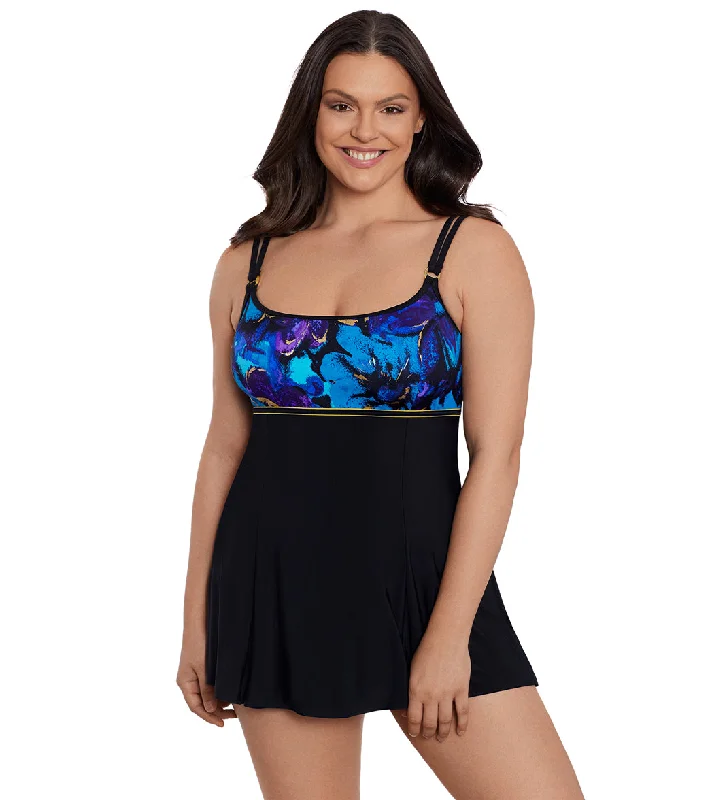 Longitude Women's Gypsy Empire Princess Seam Swim Dress Blue Tropical Print One-Piece Longitude Women's Gypsy Empire Princess Seam Swim Dress Blue Tropical Print One-Piece