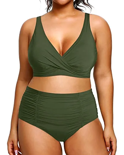 Two Piece Plus Size Swimsuits For Women High Waisted Bikini Tummy Control Bathing Suits-Army Green Solid Color Swimsuit Two Piece Plus Size Swimsuits For Women High Waisted Bikini Tummy Control Bathing Suits-Army Green Solid Color Swimsuit