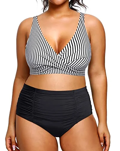 V Neck 2 Piece Plus Size Bikini High Waisted Tummy Control Swimsuit-Black And White Stripe Halter Top Bikini V Neck 2 Piece Plus Size Bikini High Waisted Tummy Control Swimsuit-Black And White Stripe Halter Top Bikini