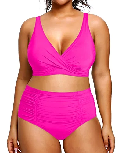 Ruched 2 Piece Plus Size Bikini High Waisted Swimsuits Tummy Control Bathing Suits-Neon Pink High-Waist Bikini Set Ruched 2 Piece Plus Size Bikini High Waisted Swimsuits Tummy Control Bathing Suits-Neon Pink High-Waist Bikini Set