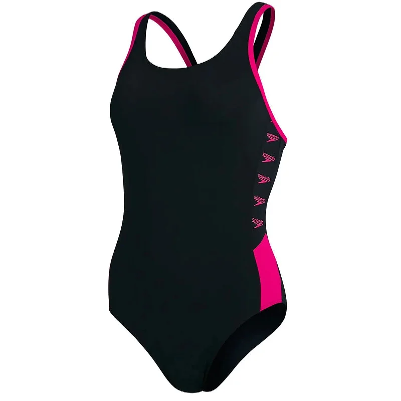 Speedo Boom Logo Splice Muscleback Swimsuit - Womens - Black/Pink Swim Dress with Belt Speedo Boom Logo Splice Muscleback Swimsuit - Womens - Black/Pink Swim Dress with Belt