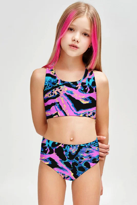 Trendsetter Claire Blue & Pink Animal Print Two-Piece Swimsuit - Girls Tie-Back Swimwear Trendsetter Claire Blue & Pink Animal Print Two-Piece Swimsuit - Girls Tie-Back Swimwear