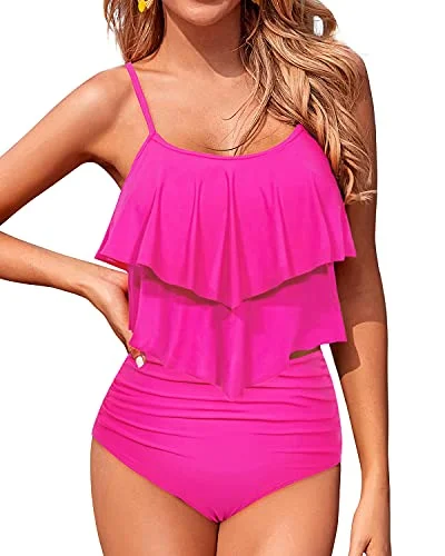 Flowy Two Piece Tankini Swimsuits With High Waisted Bottoms For Women-Neon Pink Retro Swimwear Style Flowy Two Piece Tankini Swimsuits With High Waisted Bottoms For Women-Neon Pink Retro Swimwear Style