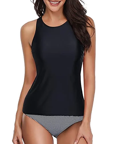 Slimming Black Deep Scoop Back Tankini With Striped Shorts-Black Stripe Elegant Ruffle Swimsuit Slimming Black Deep Scoop Back Tankini With Striped Shorts-Black Stripe Elegant Ruffle Swimsuit