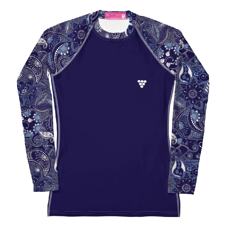 Women's UPF 50 Rash Guard Long Sleeve Swim Shirt - Blue Paisley Plunge Neckline Swimsuit Women's UPF 50 Rash Guard Long Sleeve Swim Shirt - Blue Paisley Plunge Neckline Swimsuit