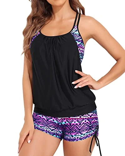 Two Piece Push Up Padded Bra Tankini Swimsuits Tummy Control Swimwear-Black And Tribal Purple Vibrant Bikini Design Two Piece Push Up Padded Bra Tankini Swimsuits Tummy Control Swimwear-Black And Tribal Purple Vibrant Bikini Design