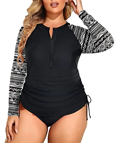 Long Sleeve Upf 50+ Rash Guard Plus Size Zipper Swim Shirt With Bottom-Black And White Snake Print Modern High-Waisted Swimsuit Long Sleeve Upf 50+ Rash Guard Plus Size Zipper Swim Shirt With Bottom-Black And White Snake Print Modern High-Waisted Swimsuit