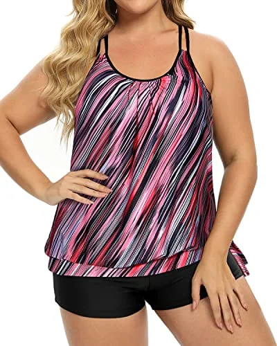 Plus Size Two Piece Tankini Swimsuit For Tummy Control-Pink Stripe Sporty Swim Shorts Plus Size Two Piece Tankini Swimsuit For Tummy Control-Pink Stripe Sporty Swim Shorts