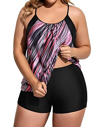 Two Piece Push Up Tankini Top With Boy Shorts For Women Plus Size-Black And Pink Stripes Stylish Swimsuit Set Two Piece Push Up Tankini Top With Boy Shorts For Women Plus Size-Black And Pink Stripes Stylish Swimsuit Set