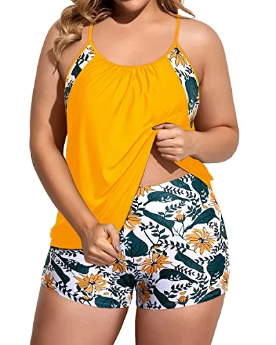 Women's Push Up Tankini Top With Boy Shorts For Plus Size Bathing Suits-Yellow Floral Crisscross Back Swimsuit Women's Push Up Tankini Top With Boy Shorts For Plus Size Bathing Suits-Yellow Floral Crisscross Back Swimsuit