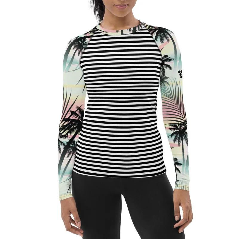 Women's Rash Guard UPF 50 - Surf, Swim, Sun Shirt - Black White Stripe Tropical Sporty Swimsuit Style Women's Rash Guard UPF 50 - Surf, Swim, Sun Shirt - Black White Stripe Tropical Sporty Swimsuit Style
