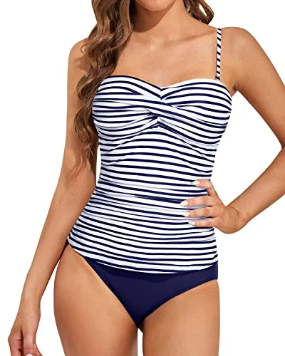 Flattering Tummy Control Bandeau Tankini Bathing Suits-Blue White Stripe Classic Swimsuit Design Flattering Tummy Control Bandeau Tankini Bathing Suits-Blue White Stripe Classic Swimsuit Design