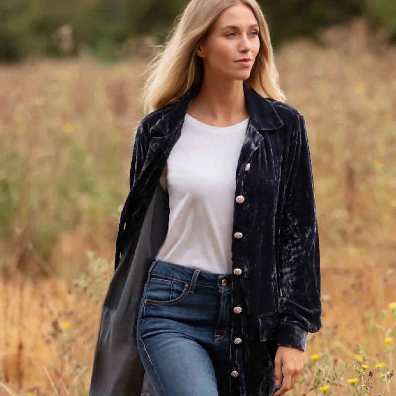 Bonnie Silk Velvet Shirt/Jacket In Slate Grey Zippered Jacket Buttoned Jacket Snapped Jacket Bonnie Silk Velvet Shirt/Jacket In Slate Grey Zippered Jacket Buttoned Jacket Snapped Jacket