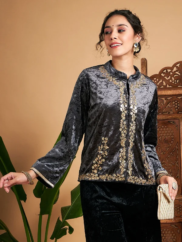 Lyush Women Grey Velvet Embroidered Jacket Wool Fabric Cashmere Fabric Tweed Fabric Lyush Women Grey Velvet Embroidered Jacket Wool Fabric Cashmere Fabric Tweed Fabric