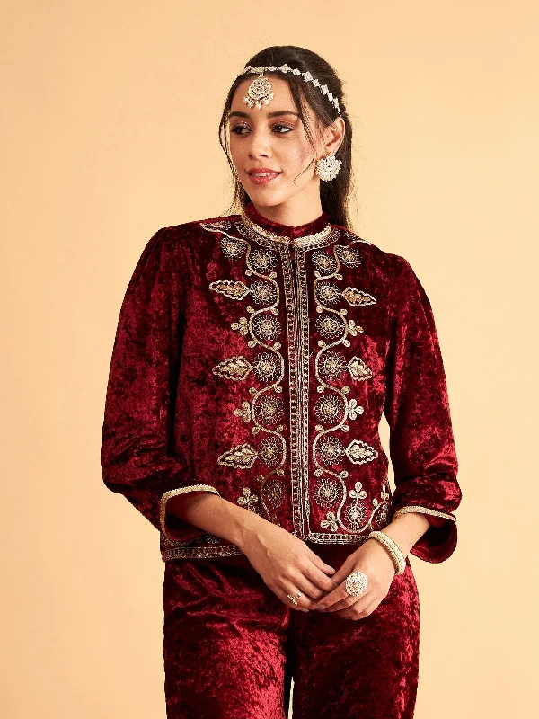 Lyush Women Maroon Velvet Front Embroidered Jacket Fitted Jacket Loose Jacket Oversized Jacket Lyush Women Maroon Velvet Front Embroidered Jacket Fitted Jacket Loose Jacket Oversized Jacket