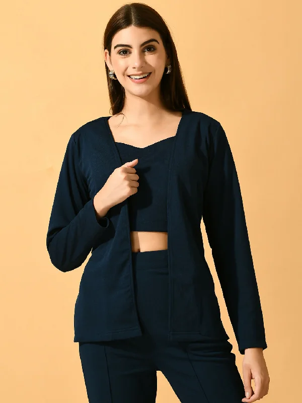 Myshka Women's Navy Blue Solid Solid Jacket Ribbed Jacket Pleated Jacket Ruffled Jacket Myshka Women's Navy Blue Solid Solid Jacket Ribbed Jacket Pleated Jacket Ruffled Jacket