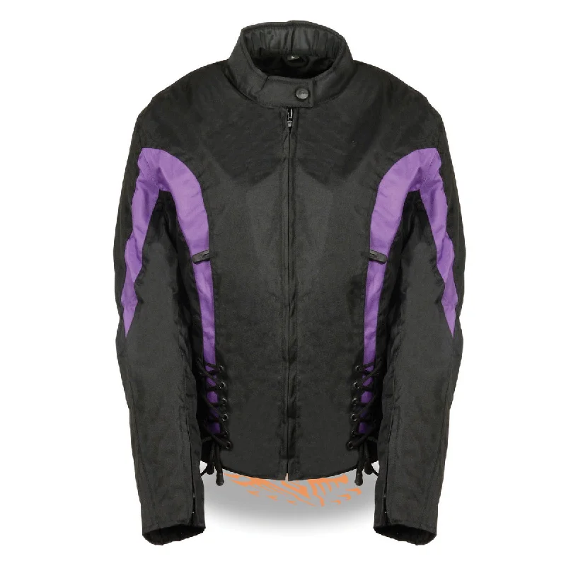 Nexgen SH2188 Women's Black and Purple Textile Motorcycle Riding Jacket with Side Stretch and Lacing Faux Fur Jacket Real Fur Jacket Shearling Jacket