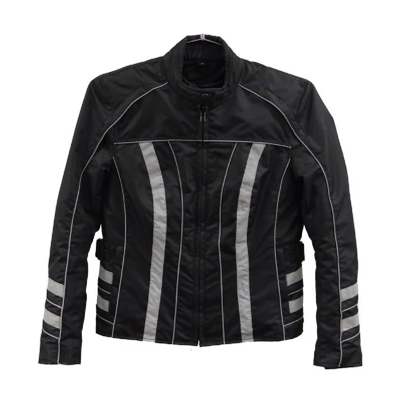 NexGen SH2394 Women's Black and Silver Textile Racer MC Jacket Belted Jacket Elasticated Jacket Padded Jacket NexGen SH2394 Women's Black and Silver Textile Racer MC Jacket Belted Jacket Elasticated Jacket Padded Jacket