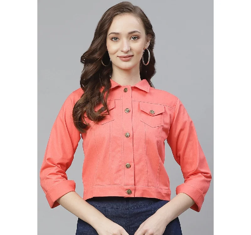 Wahe-NOOR Women's Peach-Coloured Solid Lightweight Denim Jacket Fleece Jacket Down Jacket Parka Wahe-NOOR Women's Peach-Coloured Solid Lightweight Denim Jacket Fleece Jacket Down Jacket Parka