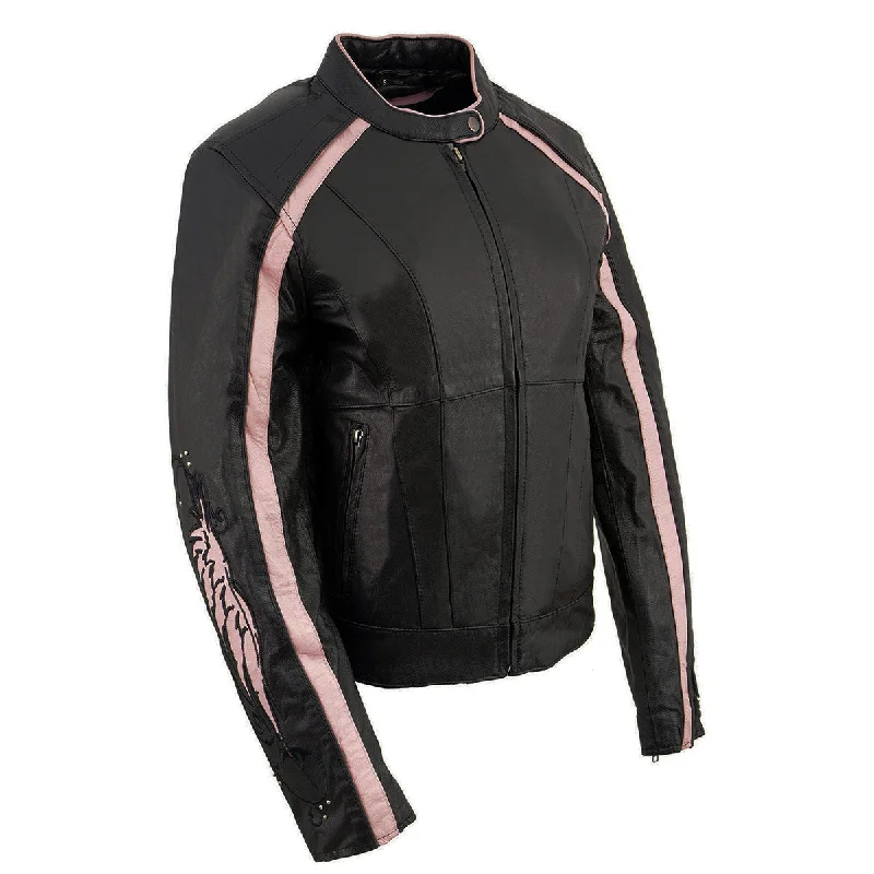 PINK Leather ML1952 Women's Black and Pink Embroidered and Stud Design Scooter Jacket Faux Fur Fabric Real Fur Fabric Shearling Fabric PINK Leather ML1952 Women's Black and Pink Embroidered and Stud Design Scooter Jacket Faux Fur Fabric Real Fur Fabric Shearling Fabric